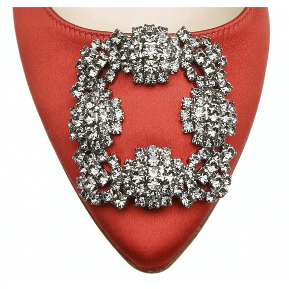 Manolo Blahnik Hangisi 105 Rosso Red Satin Crystal Jewel Buckle Heel Pump 36.5 - Picture 6 of 12